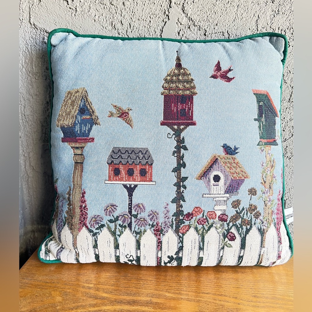 Riverdale Tapestry Needlepoint Pillows Birdhouse Floral Garden Bird 14"